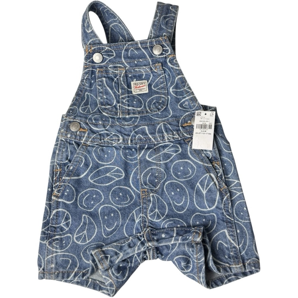 Old Navy Baby Smiley Face Print Denim Blue Kids Overalls Sz 3-6M NWT